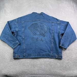 Vintage Tyca Denim Jacket Men 2XL XXL Blue Embossed Bald Eagle American Flag USA
